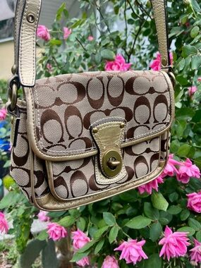 slight project -Coach Brown Signature Canvas Crossbody with Gold Trim